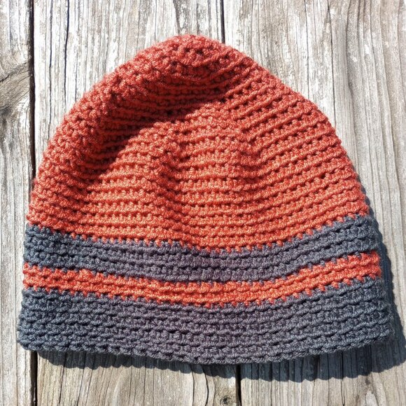 Men's Beanie Hat Handmade Rust Orange Gray Crochet Boating Hiking Outdoors Sz M - Picture 6 of 9